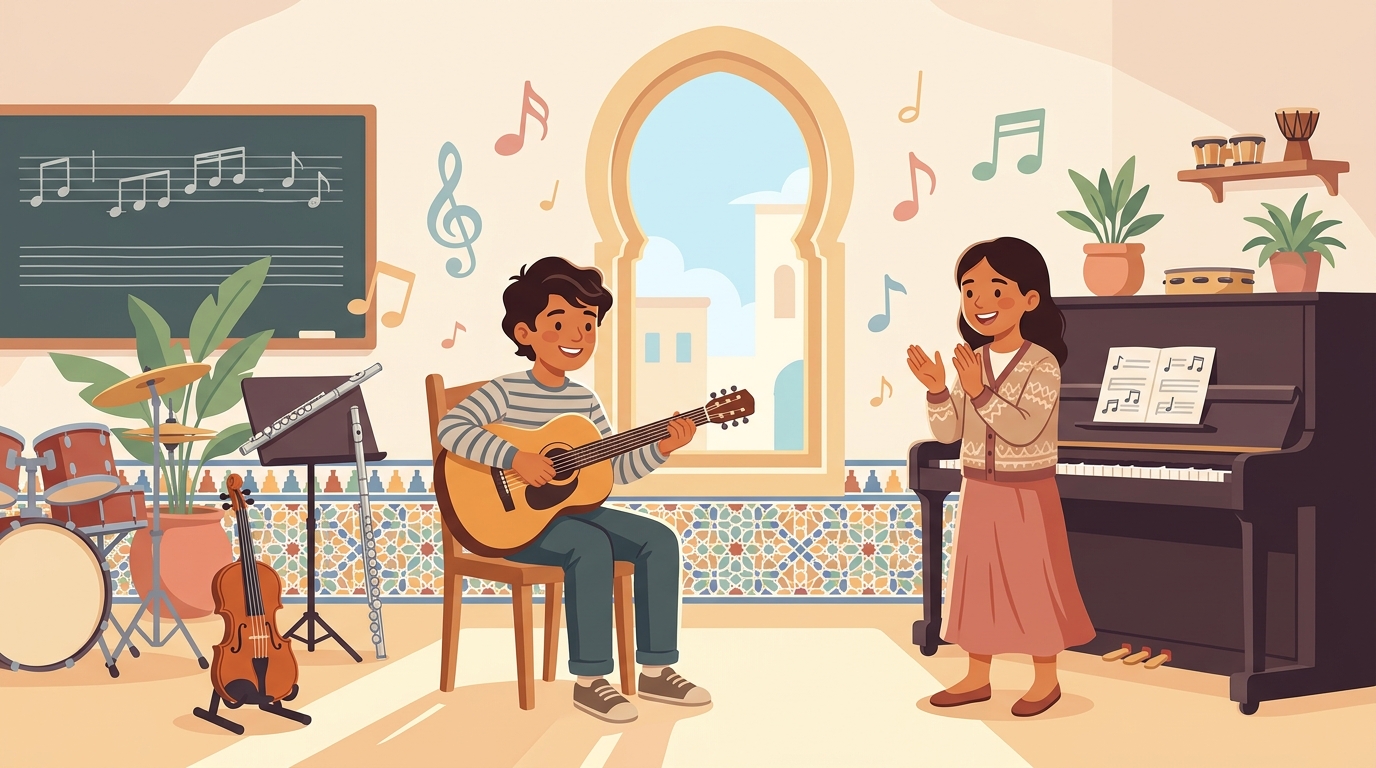 Leo joue de la guitare dans la salle de musique, Nora applaudit près du piano